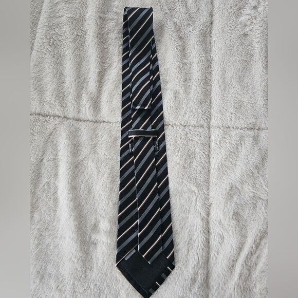 Steel Grey, Black Stripped with Brown and White Necktie 100% Silk Hand Made - Picture 3 of 3